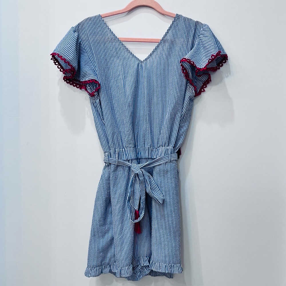 THML boutique Romper blue white pink tassel sz Medium